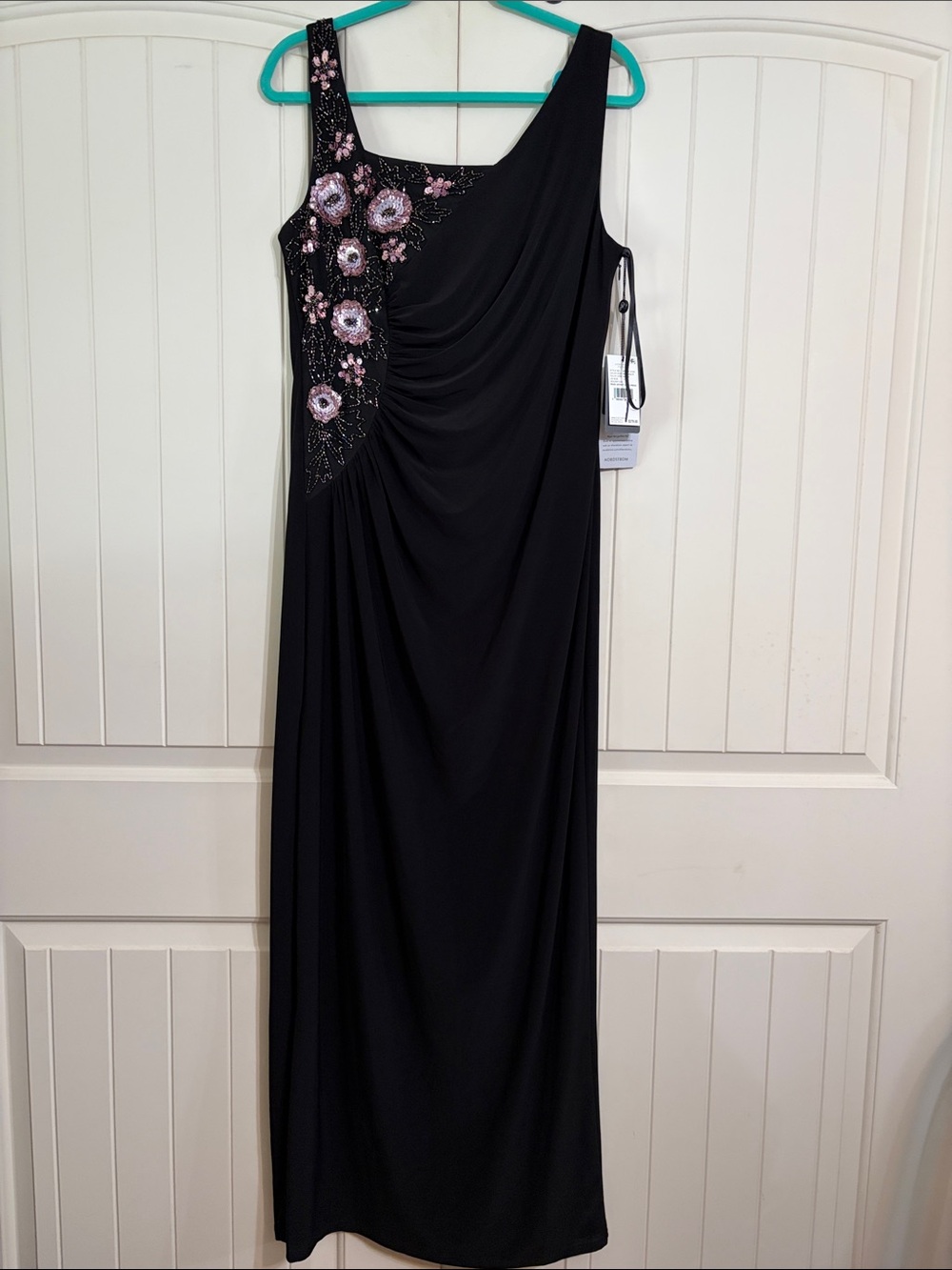 Adrianna Papell Black with Pink beading sequins jersey gown dress Size 14
